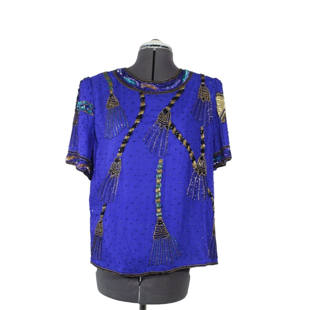 Vintage Laurence‎ Kazar women's blue silk beaded sequin short sleeve blouse PXL